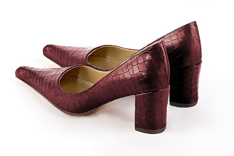 Burgundy red women's dress pumps,with a square neckline. Pointed toe. Medium block heels. Rear view - Florence KOOIJMAN